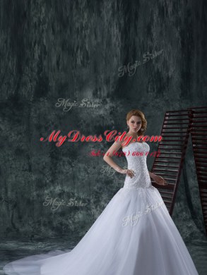 Deluxe White Tulle Lace Up Strapless Sleeveless With Train Wedding Dresses Court Train Beading and Appliques