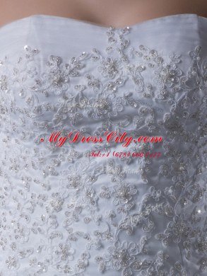 Deluxe White Tulle Lace Up Strapless Sleeveless With Train Wedding Dresses Court Train Beading and Appliques