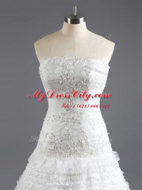 Noble Sleeveless Court Train Beading and Appliques and Ruffled Layers Lace Up Bridal Gown