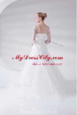 Scoop White Zipper Wedding Gowns Appliques 3 4 Length Sleeve With Brush Train