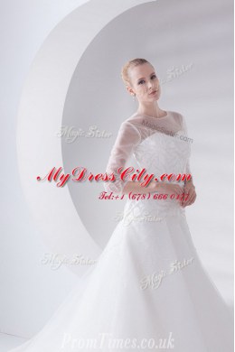 Scoop White Zipper Wedding Gowns Appliques 3 4 Length Sleeve With Brush Train