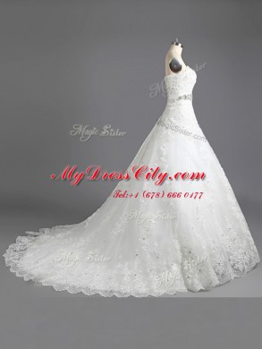 White A-line Beading and Lace Bridal Gown Lace Up Lace Sleeveless With Train