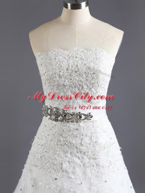 White A-line Beading and Lace Bridal Gown Lace Up Lace Sleeveless With Train
