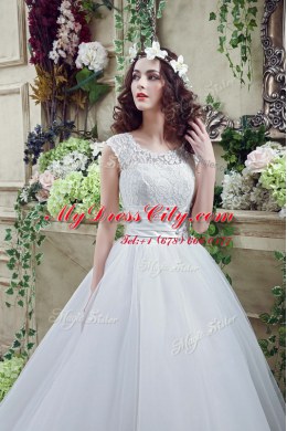 Charming Scalloped Sleeveless Beading and Lace Zipper Wedding Dresses with White Court Train