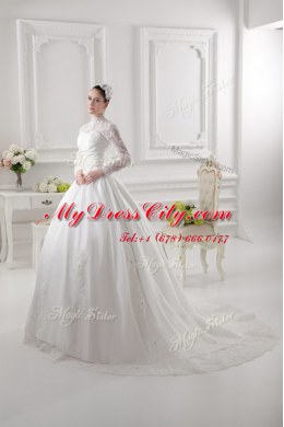 White Wedding Dress Lace Sweep Train Long Sleeves Lace