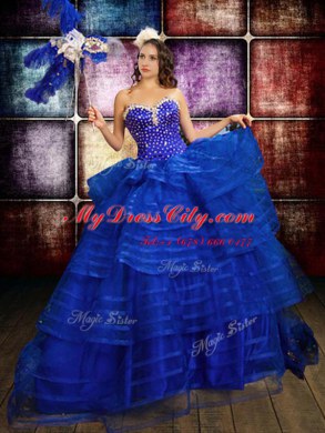 Floor Length Royal Blue Quinceanera Dress Organza Sleeveless Beading and Ruffled Layers