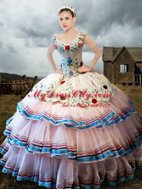 White Ball Gowns Straps Cap Sleeves Organza Floor Length Lace Up Embroidery and Ruffled Layers Quinceanera Dress