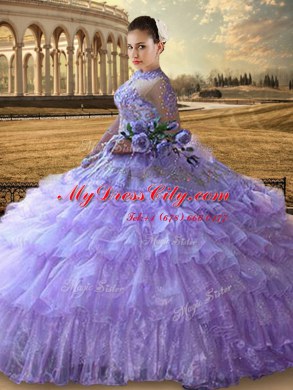 Amazing Long Sleeves Beading and Embroidery and Ruffled Layers Lace Up Ball Gown Prom Dress