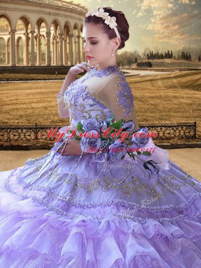 Amazing Long Sleeves Beading and Embroidery and Ruffled Layers Lace Up Ball Gown Prom Dress