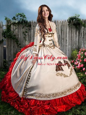 Modest Beading and Embroidery and Ruffles Sweet 16 Dresses White And Red Lace Up Sleeveless With Brush Train