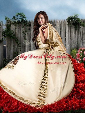 Modest Beading and Embroidery and Ruffles Sweet 16 Dresses White And Red Lace Up Sleeveless With Brush Train