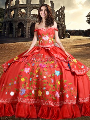 On Sale Off the Shoulder Red Sleeveless Taffeta Lace Up Quinceanera Gowns for Military Ball and Sweet 16 and Quinceanera