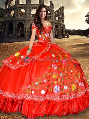 On Sale Off the Shoulder Red Sleeveless Taffeta Lace Up Quinceanera Gowns for Military Ball and Sweet 16 and Quinceanera