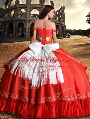 On Sale Off the Shoulder Red Sleeveless Taffeta Lace Up Quinceanera Gowns for Military Ball and Sweet 16 and Quinceanera