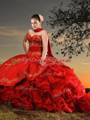 With Train Red Sweet 16 Dresses Sweetheart Sleeveless Brush Train Lace Up