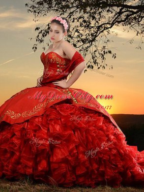 With Train Red Sweet 16 Dresses Sweetheart Sleeveless Brush Train Lace Up