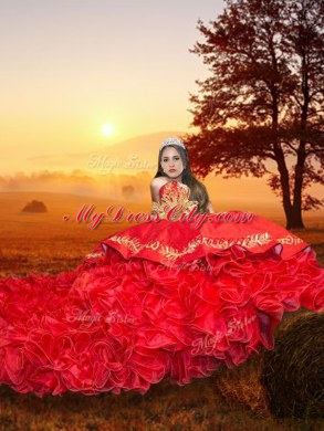 With Train Red Sweet 16 Dresses Sweetheart Sleeveless Brush Train Lace Up