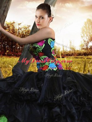 Black Sleeveless Embroidery and Ruffles Floor Length 15 Quinceanera Dress