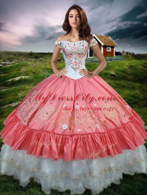Amazing Off the Shoulder Watermelon Red Sleeveless Embroidery and Ruffled Layers Floor Length 15 Quinceanera Dress
