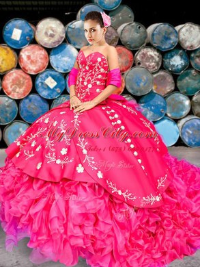 Edgy Beading and Embroidery and Ruffles 15 Quinceanera Dress Hot Pink Lace Up Sleeveless With Brush Train