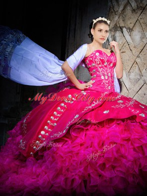 Edgy Beading and Embroidery and Ruffles 15 Quinceanera Dress Hot Pink Lace Up Sleeveless With Brush Train