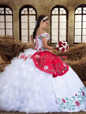 Off the Shoulder White and Red Ball Gowns Embroidery and Ruffled Layers Quinceanera Dresses Lace Up Organza and Taffeta Cap Sleeves Floor Length