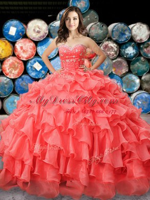 Suitable Sweetheart Sleeveless Quinceanera Dress Floor Length Beading and Ruffles Coral Red Organza