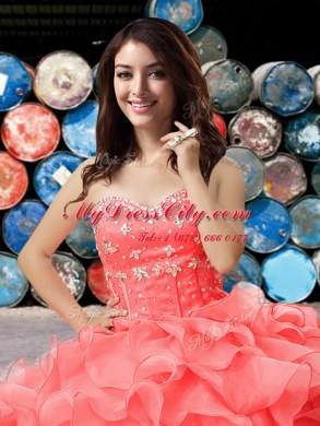 Suitable Sweetheart Sleeveless Quinceanera Dress Floor Length Beading and Ruffles Coral Red Organza