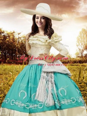 Multi-color Lace Up Off The Shoulder Embroidery and Ruffled Layers and Bowknot Quinceanera Gown Taffeta Half Sleeves