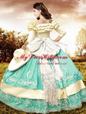 Multi-color Lace Up Off The Shoulder Embroidery and Ruffled Layers and Bowknot Quinceanera Gown Taffeta Half Sleeves