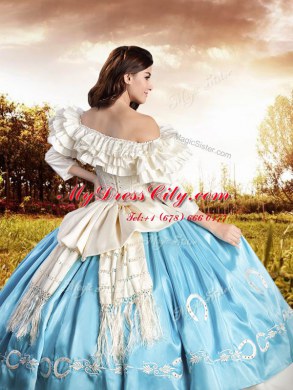 Multi-color Lace Up Off The Shoulder Embroidery and Ruffled Layers and Bowknot Quinceanera Gown Taffeta Half Sleeves
