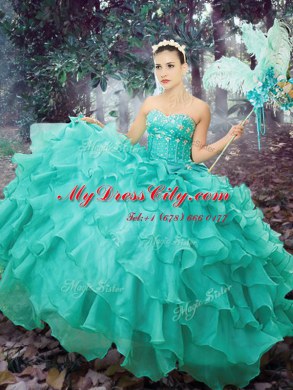 Beading and Ruffled Layers Quinceanera Gown Turquoise Lace Up Sleeveless Floor Length