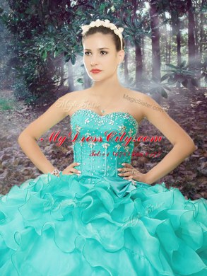 Beading and Ruffled Layers Quinceanera Gown Turquoise Lace Up Sleeveless Floor Length