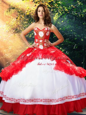 Ball Gowns 15 Quinceanera Dress White And Red Sweetheart Organza and Taffeta Sleeveless Floor Length Lace Up