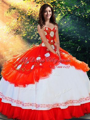 Ball Gowns 15 Quinceanera Dress White And Red Sweetheart Organza and Taffeta Sleeveless Floor Length Lace Up