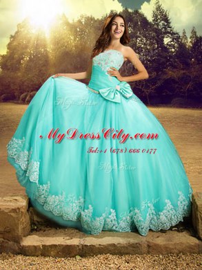 Apple Green Ball Gowns Tulle Strapless Sleeveless Beading and Lace and Bowknot Floor Length Lace Up Quinceanera Dresses