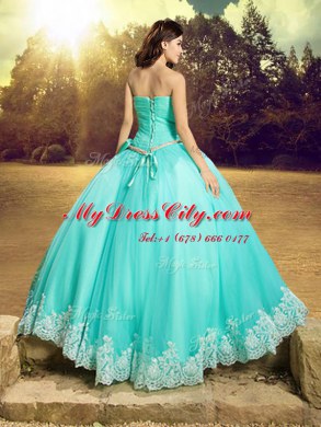 Apple Green Ball Gowns Tulle Strapless Sleeveless Beading and Lace and Bowknot Floor Length Lace Up Quinceanera Dresses