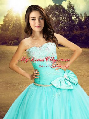 Apple Green Ball Gowns Tulle Strapless Sleeveless Beading and Lace and Bowknot Floor Length Lace Up Quinceanera Dresses