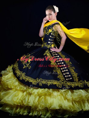 Lovely Black Lace Up Off The Shoulder Beading and Embroidery and Ruffled Layers Vestidos de Quinceanera Organza and Taffeta Sleeveless