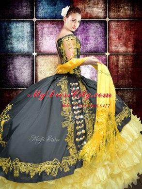 Lovely Black Lace Up Off The Shoulder Beading and Embroidery and Ruffled Layers Vestidos de Quinceanera Organza and Taffeta Sleeveless