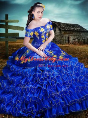 Off the Shoulder Floor Length Royal Blue Ball Gown Prom Dress Organza Short Sleeves Embroidery and Ruffled Layers