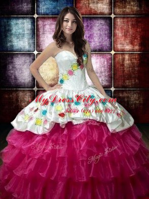 Delicate Organza Sweetheart Sleeveless Lace Up Embroidery and Ruffled Layers Quinceanera Gowns in Fuchsia
