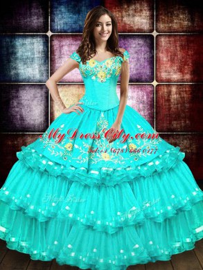 Ruffled Floor Length Turquoise Vestidos de Quinceanera Off The Shoulder Sleeveless Lace Up