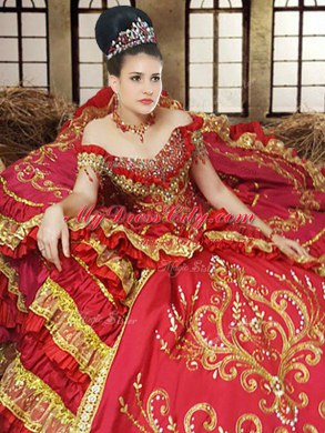 Off the Shoulder Ruffled Red Sleeveless Taffeta Lace Up Quinceanera Dress for Military Ball and Sweet 16 and Quinceanera