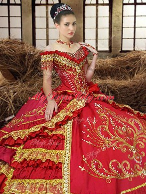 Off the Shoulder Ruffled Red Sleeveless Taffeta Lace Up Quinceanera Dress for Military Ball and Sweet 16 and Quinceanera