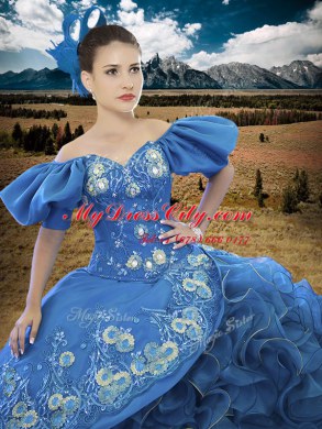 Flirting Off the Shoulder Blue Short Sleeves Floor Length Appliques and Ruffles Lace Up Sweet 16 Dress