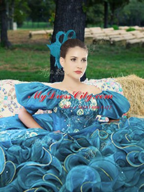 Flirting Off the Shoulder Blue Short Sleeves Floor Length Appliques and Ruffles Lace Up Sweet 16 Dress