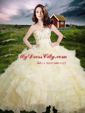 Extravagant Light Yellow Ball Gowns Organza Sweetheart Sleeveless Beading and Ruffled Layers Floor Length Lace Up Quinceanera Gowns