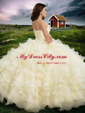 Extravagant Light Yellow Ball Gowns Organza Sweetheart Sleeveless Beading and Ruffled Layers Floor Length Lace Up Quinceanera Gowns