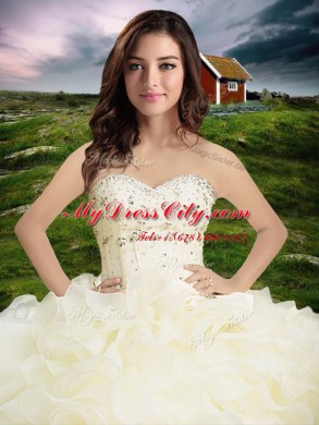 Extravagant Light Yellow Ball Gowns Organza Sweetheart Sleeveless Beading and Ruffled Layers Floor Length Lace Up Quinceanera Gowns